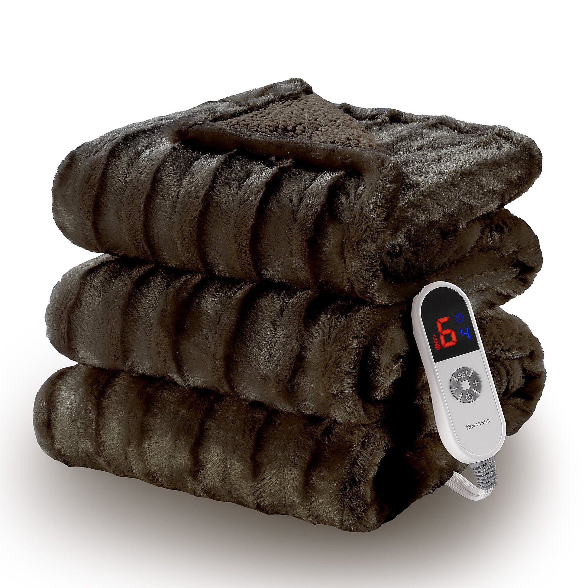 Electric Throw Blanket Extra Large Size, 60" X 70" Soft Faux Fur Heated Blanket, 6 Heating Levels, 4 Hours Timer - Brown