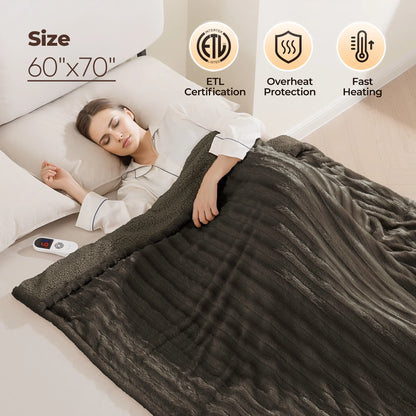 Electric Throw Blanket Extra Large Size, 60" X 70" Soft Faux Fur Heated Blanket, 6 Heating Levels, 4 Hours Timer - Brown