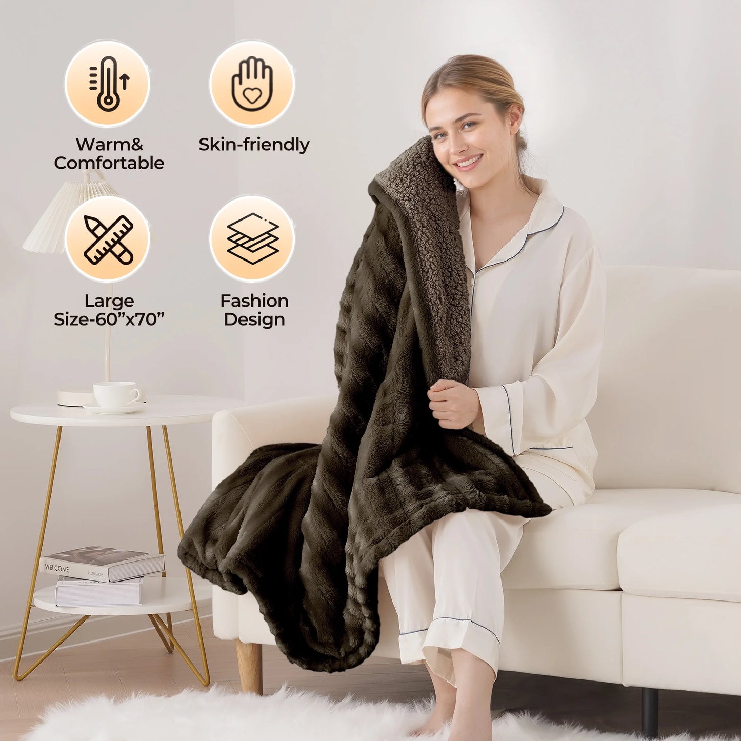 Electric Throw Blanket Extra Large Size, 60" X 70" Soft Faux Fur Heated Blanket, 6 Heating Levels, 4 Hours Timer - Brown